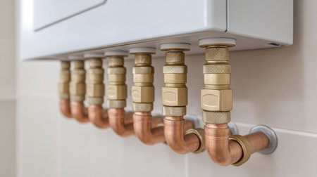 Explore a modern tankless water heater system featuring efficient copper pipes ideal for laundry applications. Perfect for home or commercial use, enhancing performance and saving energy.の素材