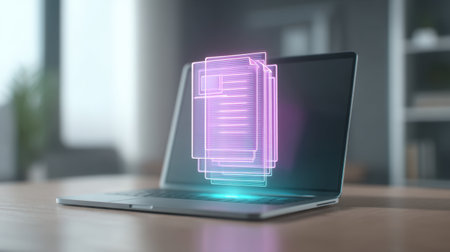 A sleek laptop placed on a wooden desk emits a holographic display of documents, showcasing a modern office setup that promotes productivity and creativity.の素材
