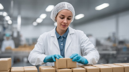 A dedicated woman in a white lab coat and gloves carefully packs boxes in a well-organized warehouse, emphasizing safety and efficiency in logistics and operations.の素材