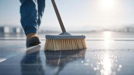 A focused worker cleans solar panels with a broom under bright sunlight, emphasizing the essential maintenance of solar technology for sustained energy efficiency.の素材