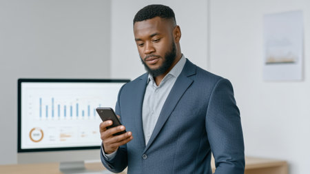 A professional man in a suit stands in a modern office, focused on his smartphone while a business chart displays productivity metrics on the monitor behind him.の素材