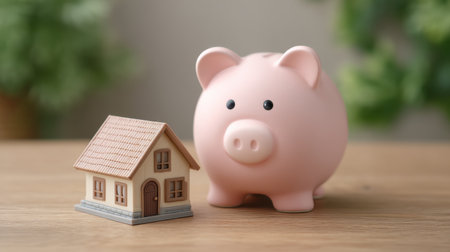 This image features a pink piggy bank alongside a miniature house, symbolizing the importance of savings and financial planning for future homeownership. Ideal for finance-related themes.の素材