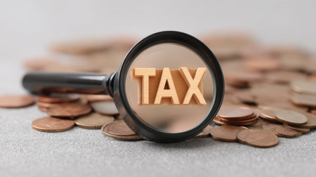 A detailed view of a magnifying glass focusing on the wooden word "TAX" amidst a collection of copper coins, symbolizing the importance of financial planning and management.の素材