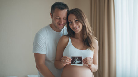 A joyful couple shares a beautiful moment as they display an ultrasound image. This intimate scene captures their love and anticipation for the arrival of their baby.の素材