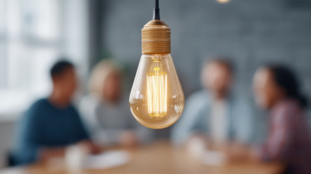A beautifully lit vintage light bulb hangs in focus, surrounded by a vibrant scene of people laughing and enjoying each other company in a cozy inn environment.の素材