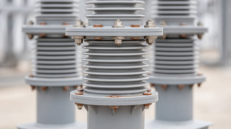 Close-up view of a gray rubber-coated electrical insulator in an outdoor substation, highlighting its functional design for high-voltage applications and safety features.の素材