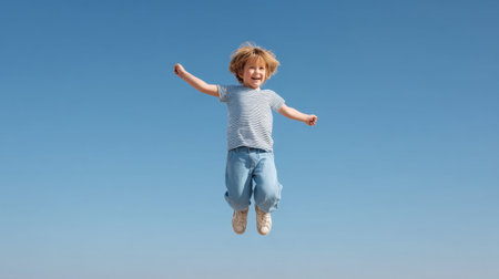 A joyful child leaps high into the bright blue sky, embodying freedom and happiness. The image captures the essence of carefree childhood and pure joy in movement.の素材