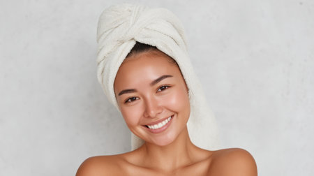 A joyful woman with smooth skin smiles while applying facial moisturizer. Her towel-wrapped hair and soft lighting create a serene atmosphere perfect for skincare routines.の素材