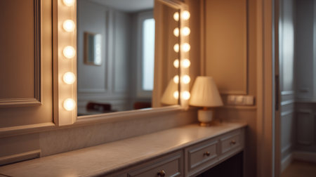 A beautifully illuminated dressing room designed for performers, featuring a stylish mirror and soft lighting, creating an elegant ambiance perfect for preparation.の素材