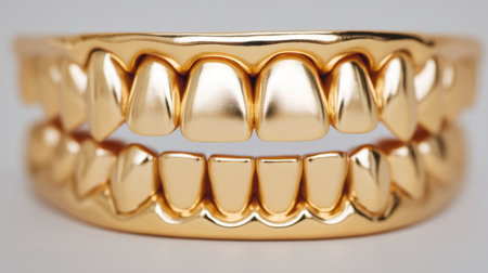 A striking golden teeth accessory that shines with reflective quality. Perfect for fashion photography, this unique piece captures light and adds luxury to any project.の素材