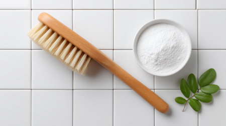 A minimalistic view of a wooden cleaning brush and a bowl of baking soda on a tiled surface, perfect for promoting eco-friendly home cleaning solutions and tidy spaces.の素材