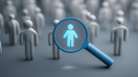 A magnifying glass highlights a single figure amidst a crowd, symbolizing the quest for individuality and the importance of personal identity in a vast landscape.の素材