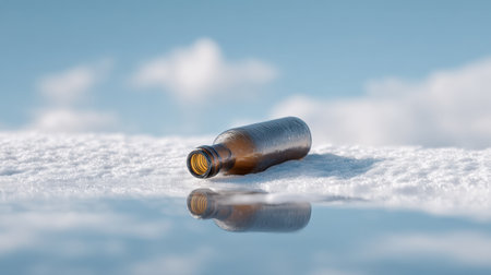 A brown bottle rests quietly on a blanket of snow in a serene landscape, reflecting the clear blue sky, creating a stunning visual of winter tranquility.の素材