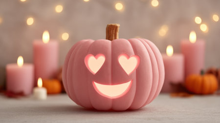 A cheerful pink jack-o'-lantern features heart-shaped eyes and a smiling mouth, surrounded by softly glowing candles, perfect for Halloween festivities.の素材