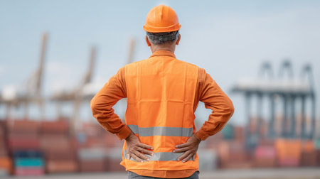 A worker in a bright reflective vest stands with hands on his back, gazing at a busy logistics operation at a port, highlighting the nature of his job and its demands.の素材