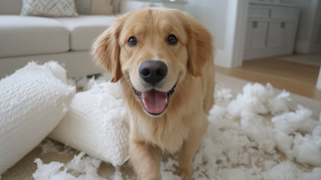 A playful retriever exudes joy while playfully tearing apart a pillow, creating a fluffy mess in a cozy indoor setting, reflecting the innocence and fun of pet life.の素材