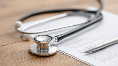 A medical setup showcasing a stethoscope, a pen, and paperwork on a wooden surface, representing the essential tools used by healthcare professionals in clinical environments.の素材