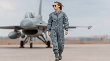 A confident military pilot in uniform walks near a fighter jet on an airfield, embodying strength and professionalism in aviation. A powerful scene of readiness.の素材