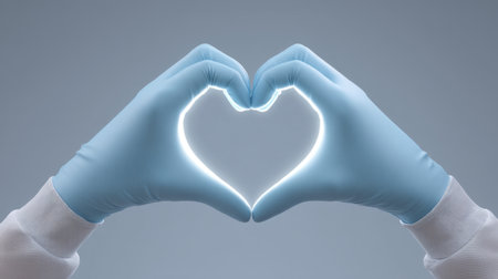 A pair of gloved hands gracefully forming a glowing heart symbol against a soft backdrop. Ideal for themes in healthcare, technology, and abstract emotion.の素材