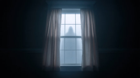 A ghostly silhouette looms in a foggy window, creating an eerie atmosphere. The scene captures a haunting moment with dim light and soft drapes, evoking mystery.の素材