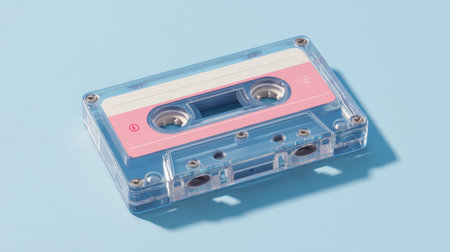 A vintage cassette tape displayed on a soft pastel blue background, casting a gentle shadow. The clear design highlights the unique retro essence of music history.の素材