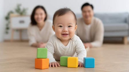 Adorable baby boy enjoying playtime at home with colorful blocks. Captivating scene showcases family love and the joy of childhood exploration in a bright setting.の素材