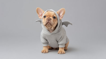 This charming bulldog puppy wears a cozy gray hoodie with bat wings, posing in a studio setting. Perfect for pet lovers seeking delightful and whimsical pet photography.の素材