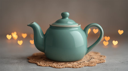 A charming teal teapot resting on a delicate doily, surrounded by glowing hearts, creates a warm and inviting atmosphere perfect for cozy tea moments.の素材