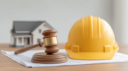 A gavel and a yellow construction helmet sit beside a model house and blueprints, symbolizing the intersection of law and construction in the building industry.の素材