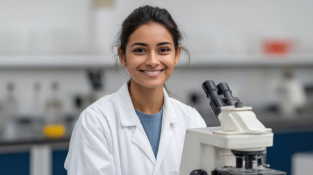 A young Indian female scientist smiles while examining a sample under a microscope in a bright, modern laboratory. She represents dedication to science and research.の素材