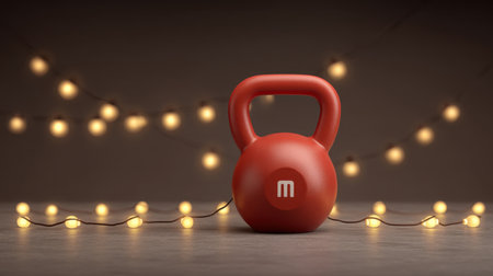 A vibrant red kettlebell surrounded by soft glowing lights creates a motivational atmosphere for fitness themes. Perfect for wellness content and inspiration in training.の素材