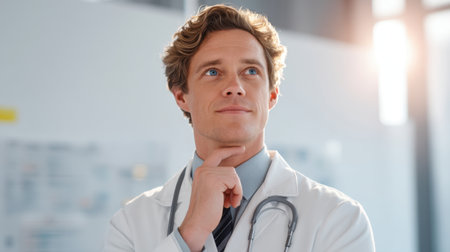 A thoughtful male clinician reflects on patient care in a bright clinic illuminated by sunlight, embodying professionalism and a commitment to health and wellness.の素材