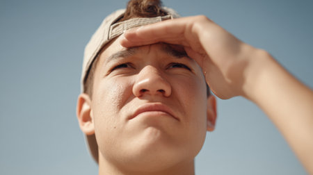 A young person squints and shields their eyes from bright sunlight against a clear blue sky, capturing a moment of contemplation in a casual summer setting.の素材