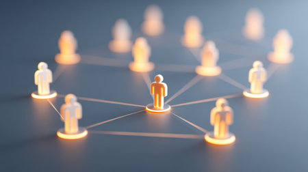 This image depicts a conceptual view of a social network, highlighting glowing figures connected by lines, symbolizing communication and interaction within a digital environment.の素材