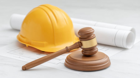 A hard hat and gavel sit atop blueprints, symbolizing the intersection of construction safety and legal compliance, essential for successful project management.の素材