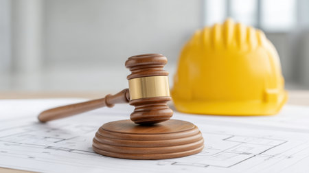 A wooden gavel rests on a blueprint, symbolizing the connection between legal aspects and construction practices. A yellow hard hat adds a safety element to the scene.の素材