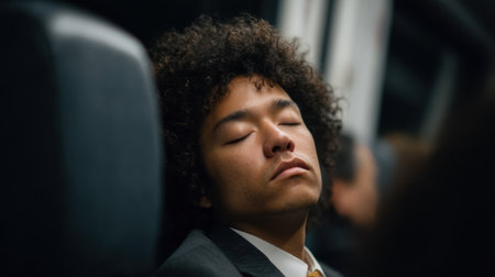 A man in a business suit appears to be sleeping on public transport during the early morning, capturing the essence of fatigue experienced by commuters.の素材