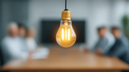 A bright, glowing bulb hangs above a meeting table, symbolizing creativity and innovation as a group discusses ideas in a blurred office background.の素材
