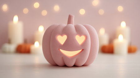 Capture the essence of fall with this adorable pink lantern pumpkin featuring heart-shaped eyes, glowing softly amidst warm candlelight for a whimsical celebration.の素材
