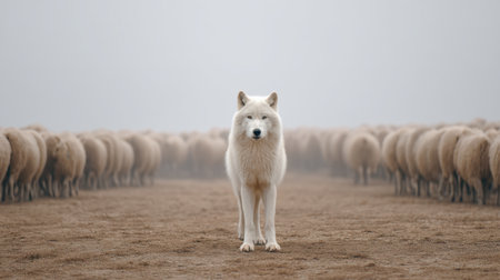 A captivating image of a lone white wolf standing amidst a herd of sheep in a misty landscape, illustrating the delicate balance of predator and prey in nature.の素材