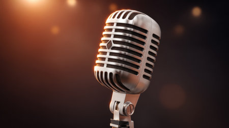 A stunning vintage microphone stands elegantly against a softly blurred background, capturing the essence of music and vocal performance with dramatic lighting.の素材