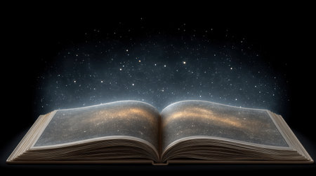 An enchanting open book reveals a magical night sky map, showcasing twinkling stars and cosmic beauty that invites exploration and stimulates the imagination.の素材