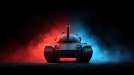 A powerful military tank stands in a dramatic setting, enveloped by red and blue glowing flames. The intense atmosphere evokes a sense of conflict and warfare.の素材