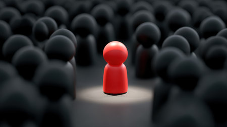 A striking image featuring a red figure highlighted among dark silhouettes, symbolizing the themes of individuality, uniqueness, and standing out in a crowd.の素材