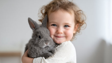 A sweet child joyfully embraces a soft gray bunny, radiating warmth and happiness in a softly lit indoor space. Perfect for capturing the essence of childhood and pet love.の素材