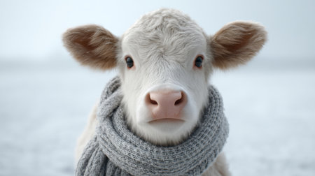 A cute young calf wearing a cozy scarf leans curiously in a serene snowy field, offering a delightful glimpse of nature charm during winter.の素材