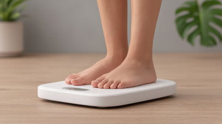 A modern weight scale designed to measure body weight with bare feet positioned on its surface, reflecting a healthy lifestyle in a serene home environment.の素材