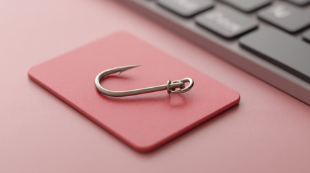 A striking image showcasing a fishing hook resting on a red card beside a keyboard, symbolizing strategic concepts and engagement in modern digital spaces.の素材