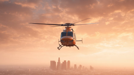 A captivating helicopter hovers against a dramatic sunset above a bustling metropolitan skyline, showcasing the beauty of urban life with stunning colors and light.の素材