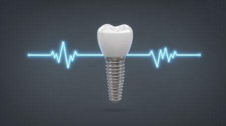 Explore the intersection of dental technology and design with this modern dental implant image, featuring a glowing circuit and heartbeat line for innovative healthcare solutions.の素材